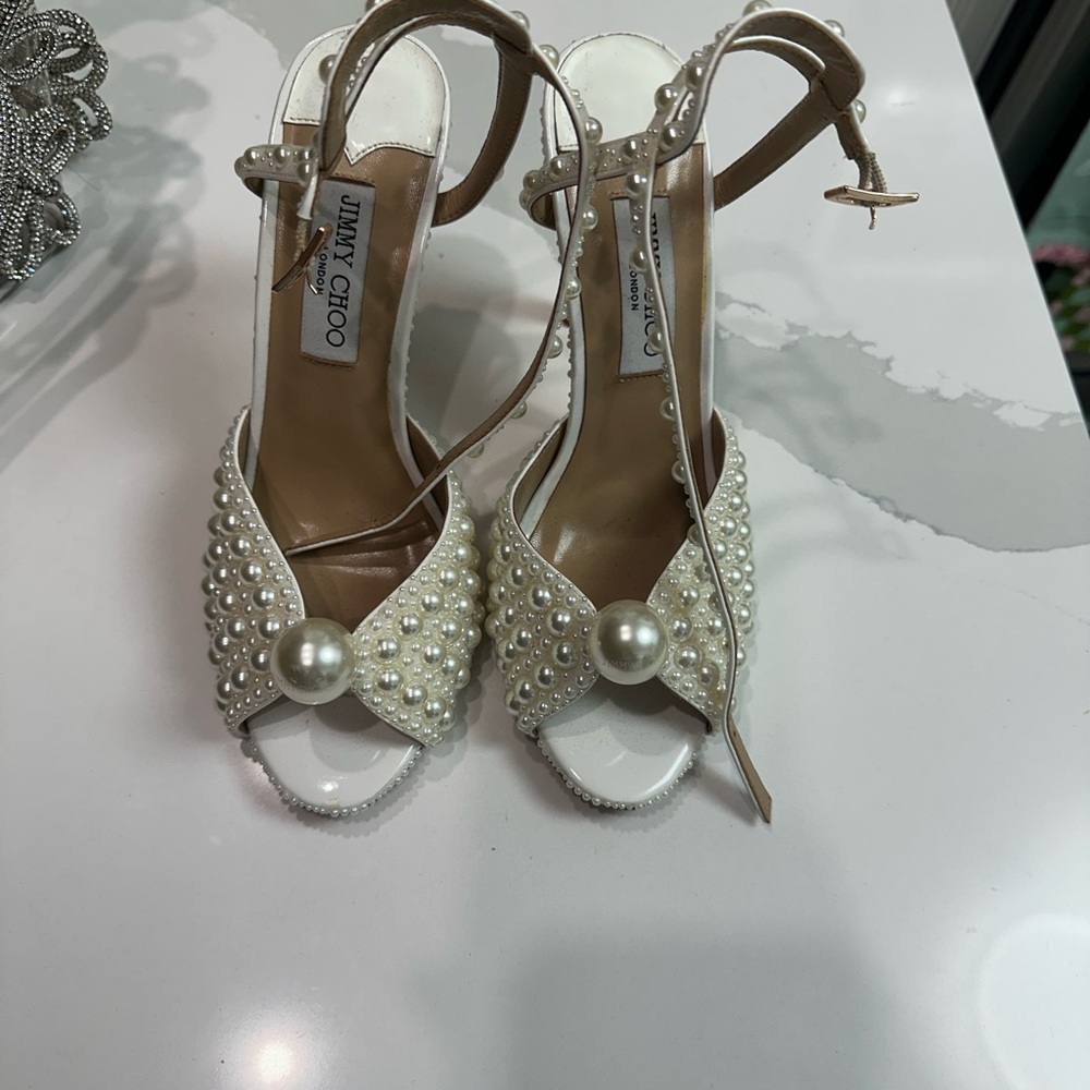 Jimmy Choo Cream Pearl Embellished Heels - Picture 3 of 11